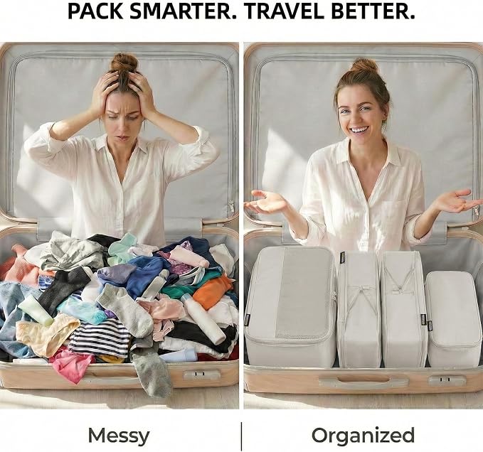 4 Piece Compression Packing Cubes for 3–7 Day Travel, Off White | Wrinkle-Resistant Memory Fabric, Breathable Mesh Panel, Double-Zipper, Small to Large Size Bag, Smart Organization - Image 5