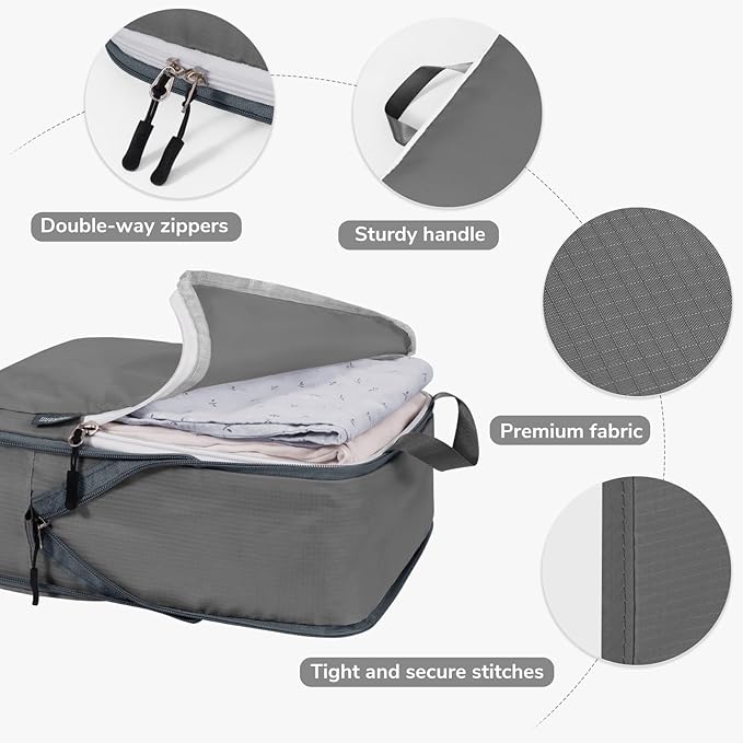 7 Set Compression Travel Packing Cubes for Suitcases, Grey | Travel Essentials for Suitcase, Luggage Organizer Bags for Travel with Shoe Bag, Travel Accessories Expandable Packing Cubes - Image 4