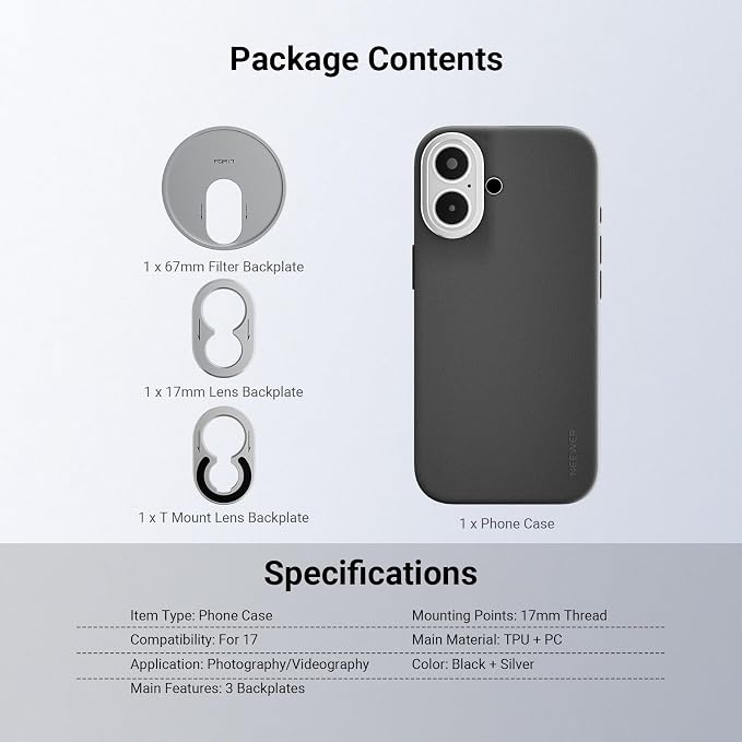 NEEWER Phone Case for 17 Only, Modular Protective TPU/PC Phone Cover with 67mm Filter Ring, 17mm Lens Backplate, T Mount Lens Adapter Compatible with Moment MagSafe iPhone 17, PA159 (Black + Silver) - Image 8