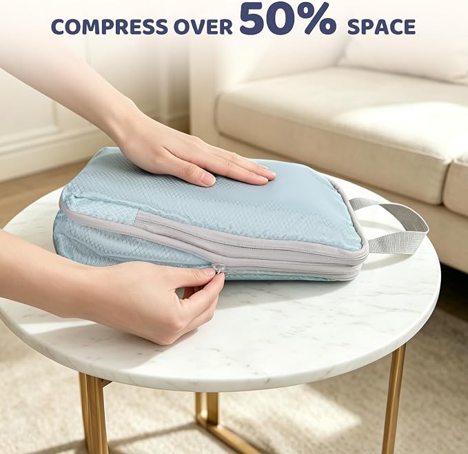 8 Set Expandable Compression Packing Cubes for 3–7 Day Travel, Solid & Plaid Fabric Travel Organizers, Double-Zipper Storage Bags for Carry-On & Suitcases(8set-Grey) - Image 2
