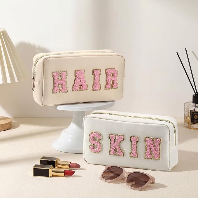 Preppy Makeup Bags Chenille Letter Stuff Bag Nylon Cosmetic Pouch Cases with Zipper for Women Travel Toiletry(Cream Color,Classic,2 Pcs) - Image 4