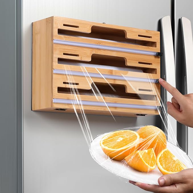 Allinside Magnetic Plastic Wrap Dispenser with Cutter, 3 in 1 Refrigerator Bamboo Wood Organizer for Tin Foil, Baking Paper, Wax Paper Holder Kitchen Storage Box Compatible with 12.9" Roll (3 Layer) by Allinside