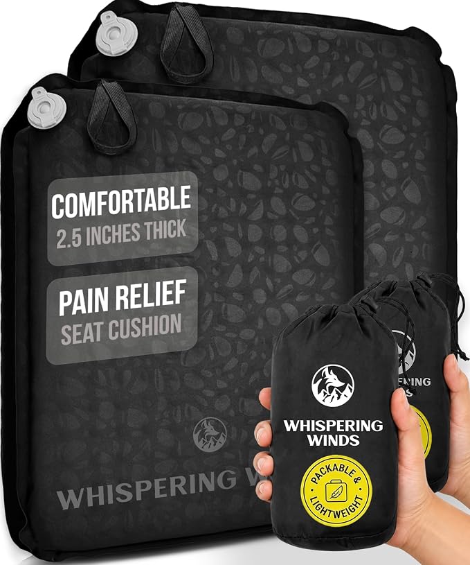 Whispering Winds Inflatable Seat Cushion | Comfortable & Packable Blow-up Foam Pad for Airplane Travel, Stadium Outdoors, Camping, Car & More by WhisperingWinds
