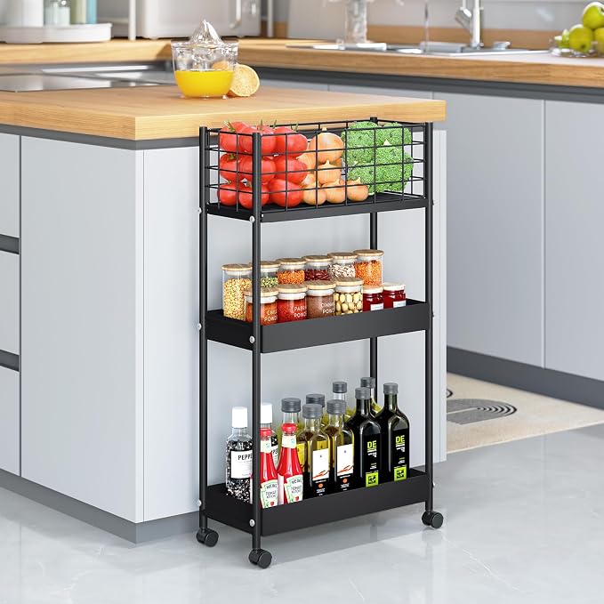 KINGRACK Slim Rolling Storage Cart 3 Tier - Heavy Duty Metal Utility Cart with Raised Edge & Wheels, Narrow Small Mobile Organizer Shelves for Bathroom, Kitchen, Laundry, Office, Living Room, Black - Image 5