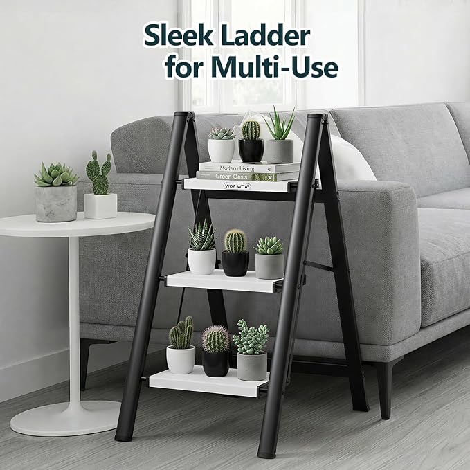 3 Step Ladder, Foldable Step Stool, 300lbs Load, Black & White | Folded 35''H x 3''T; Net 9.9 lbs; Rigid Aluminum Steps; No Assembly; For Home, Kitchen, Office, Pantry, Closets, Cabinets - Image 8