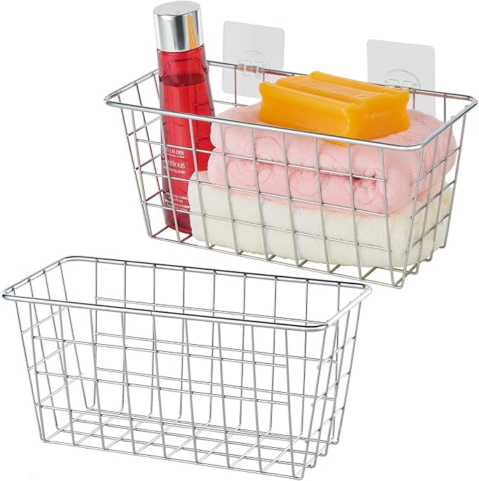 JUNCHU CHERRY 2 Pack Hanging Storage Basket, Bathroom Basket, Household Goods, with Traceless Tape, no Drilling, for Cabinet Storage, Kitchen, Bathroom, Storage Room,Chrome by JUNCHUCHERRY