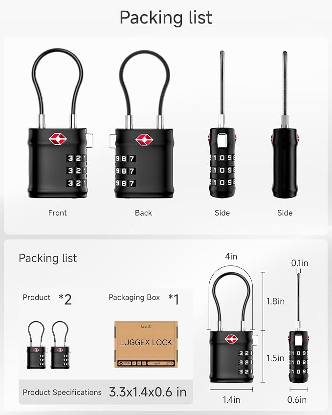 LUGGEX 4 Pack TSA Locks for Luggage, Luggage Locks TSA Approved | Suitcase Locks in Gift Box, Ultra-Light 33g Combination Cable Locks, Easy-Read Dials for Suitcase Backpack Gym, Gun Black - Image 4