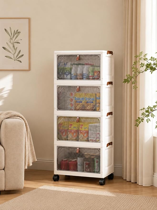 4-Tier 24QT Rolling Storage Cabinet with Wheels,Clear Magnetic Doors, Stackable Plastic Pantry Organizer for Kitchen, Living Room, Bedroom & Office by Durvex