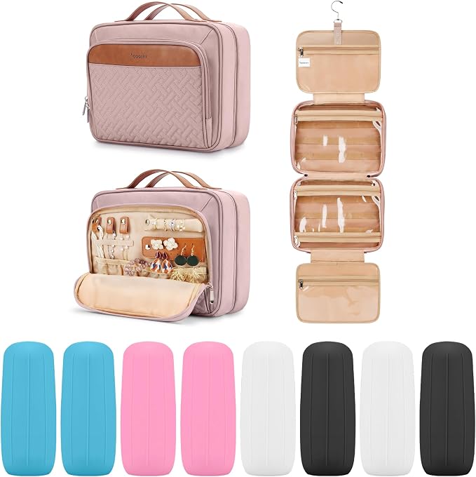 Travel Hanging Toiletry Bag for Women and Men, with 8 Leak Proofing Silicone Bottle Covers, Waterproof Makeup Accessories, Cosmetic Essentials, Cruise Ship Toiletries Bag with Jewelry Organizer, Pink by COOSKY
