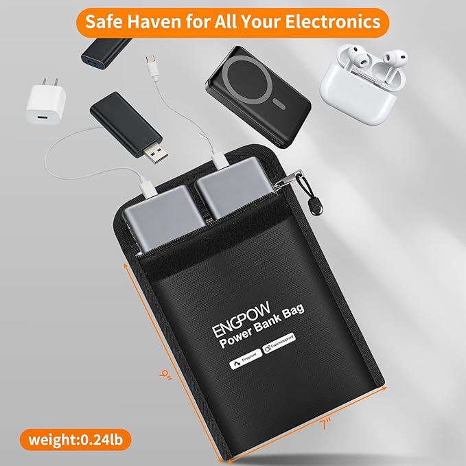 ENGPOW Fireproof Organizer Travel Safe Bag, Portable Electronic Carry Case | Heat Insulated＆Explosion-Proof, Home Travel Storage for Power Bank,Phone,Cables,USB Drive,Charging Protection,9''x7'',Black - Image 4