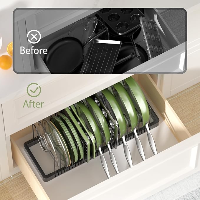 Pots and Pans Organizer under Cabinet, Expandable Pot Lid Organizer Holder with 14 Adjustable Compartment, Pan Organizers inside Cabinet for Lids, Bakeware, Kitchen Storage Pot Rack, Black - Image 4