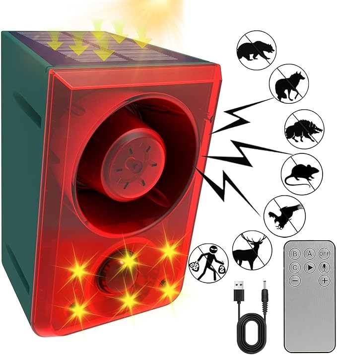 ChunHee Solar Outdoor Motion Sensor Alarm Dog Barking Gunshot Sound 130dB | Support Recording and Adjustable Volume,Loud Noise Maker 3 Work Modes Strobe Light for Home, Villa, Farm, Barn (1pack) by ChunHee