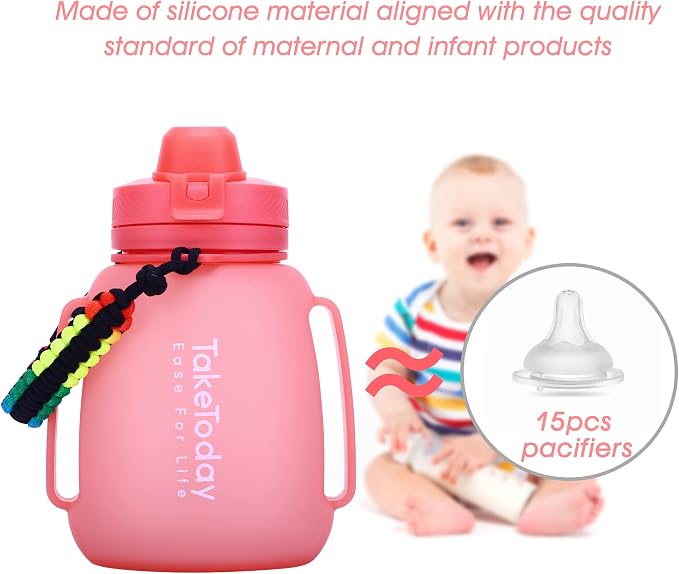 TakeToday Collapsible Water Bottles for Outdoor, 40oz, Pink | Time Marker, BPA-Free Silicone, Folds for Travel, Paracord Handle for Hiking, Gym, Camping, Leakproof - Image 3