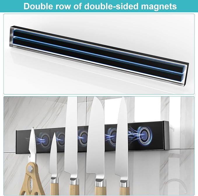 Knife Magnetic Strip With 3 Hooks, 14" Magnetic Knife Holder for Wall Mount Fridge Refrigerator, No Drill Knife Magnet Tool Holder Bar Adhesive Backing, Kitchen Organizer Knives Block RV Accessories - Image 3