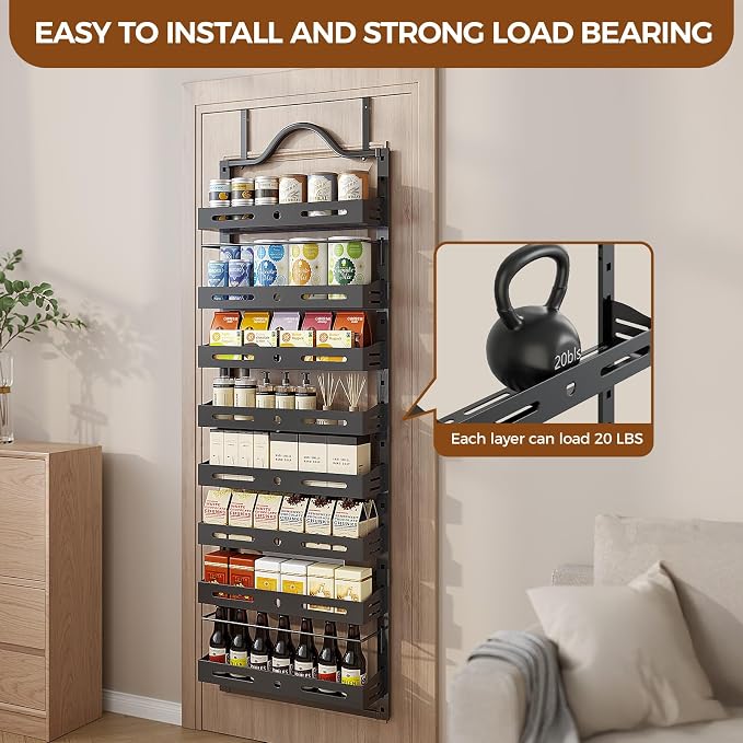 8-Tier Pantry Door Organizer, Large 2 IN 1 Wall Mount or Over The Door Pantry Organizer, Pantry Door Spice Rack with Adjustable Baskets, Over Door Organizer for Kitchen,（72.6×17.1×5.1in,Black) - Image 4