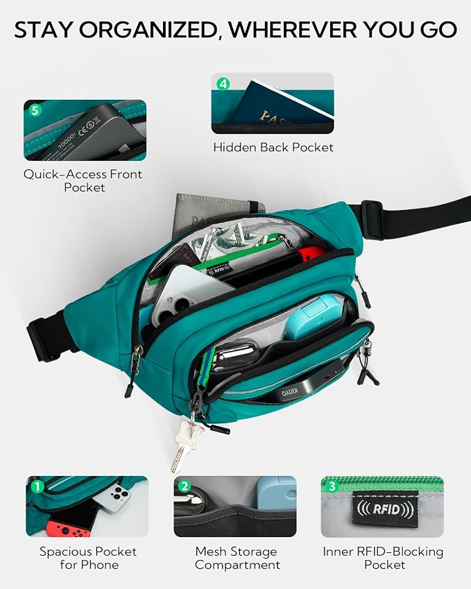 WATERFLY 3.5L RFID Fanny Pack: Anti-Theft 12" Extender Belt for Travel | Large Capacity Multi-Pocket, Water-Resistant Nylon, Reflective Strips, Breathable Padding, Hiking Walking Daily, Women Men - Image 5
