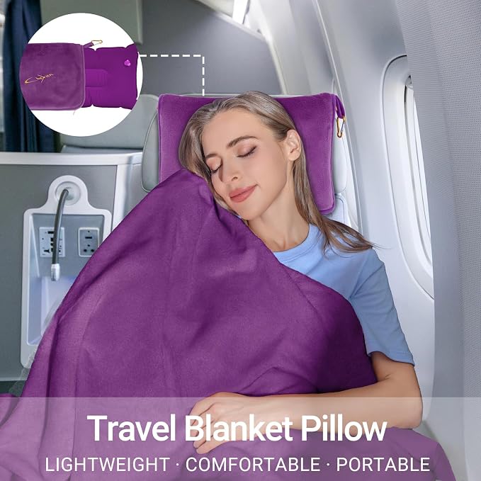 Travel Blanket & Pillow Set, 300 GSM Soft Fleece, 60x43 Inches, 3-in-1 Airplane Blanket, Travel Pillow and Blanket Set, Travel Blanket Airplane Compact with Bag, Travel Essentials, Violet - Image 7