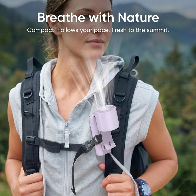 fygurso Personal Portable Clip-on Handheld Fan Rechargeable, Purple | Neck-Crossbody fit lanyard. Detachable clip. 10H battery. LED monitor. 5-Speed from 30dB low noise to 10000rpm blast. - Image 9