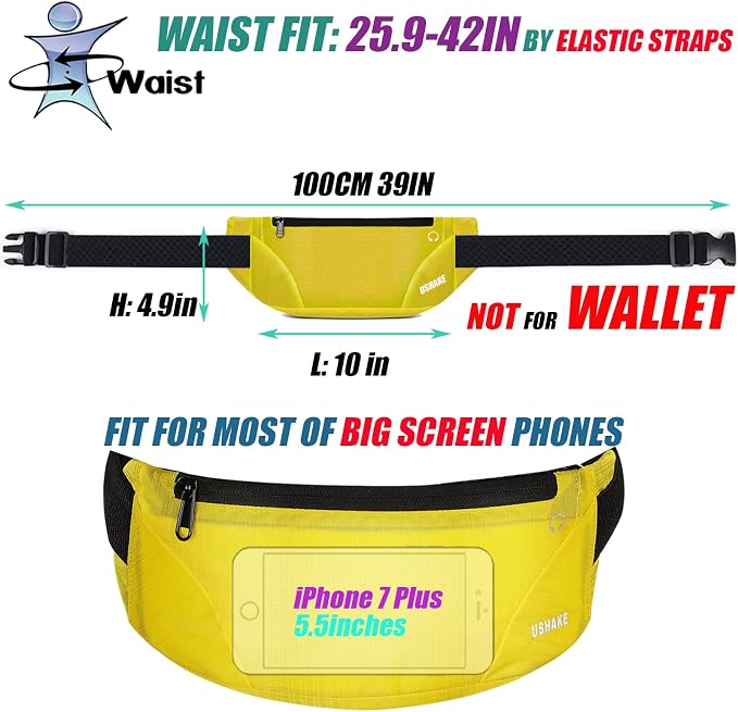 USHAKE Running Belt,Men or Women Ultra Light Bounce Free Waist Pouch Bag Fitness Workout Belt Sport Waist Pack Exercise Waist Bag for iPhone Samsung LG in Running Gym Marathon (YELLOW) - Image 3