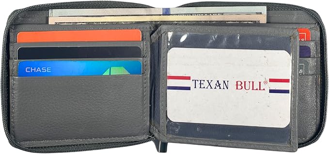 RFID Blocking Bifold Cowhide Leather Wallets For Men With Zipper Security | Safe Metal Zip Chain 9 Card-ID Slim Minimalist Mens Wallet (Gray) - Image 2