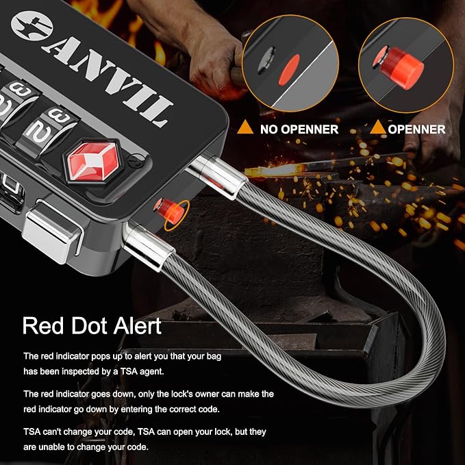 ANVIL TSA Locks for Luggage with Search Alert: Durable Cable Combination Locks, TSA Approved - Secure Travel Locks for Suitcases, Backpacks & Gun Cases (2, Black) - Image 3