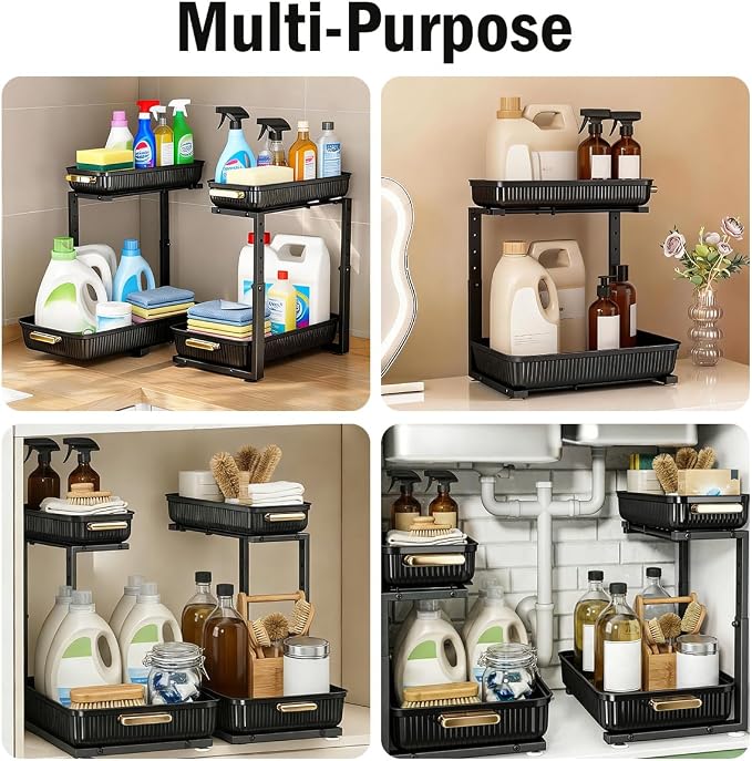 ARSTPEOE Under Sink Organizer - 2 Pack Multi-Purpose Pull-Out Storage Shelf | Slide out Pull out Cabinet Organizer Shelf, Storage for Kitchen Bathroom - Image 3
