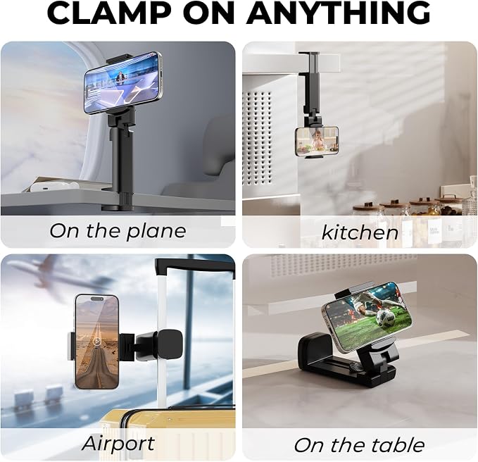 Airplane Phone Holder, Dual 360° Rotation Plane Phone Holder Travel Essentials for Long Flight, Desk, Tray, Compact Cell Phone Mount w/ Durable Automatic Spring Clamp, Phone Gadget for Long Trip, Gym - Image 6