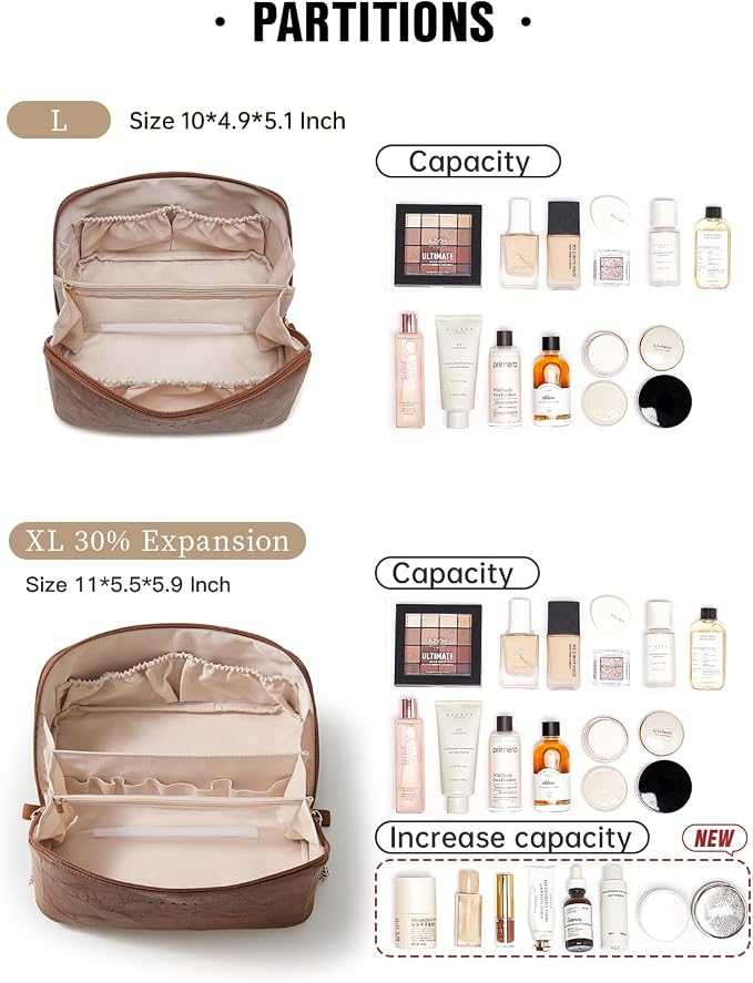 EACHY Travel Makeup Bag for Women, PU Leather Cosmetic Bag, Brown, Large | Water-resistant PU leather exterior with flat-open access, clear TPU brush compartment and organized storage for cosmetics - Image 3