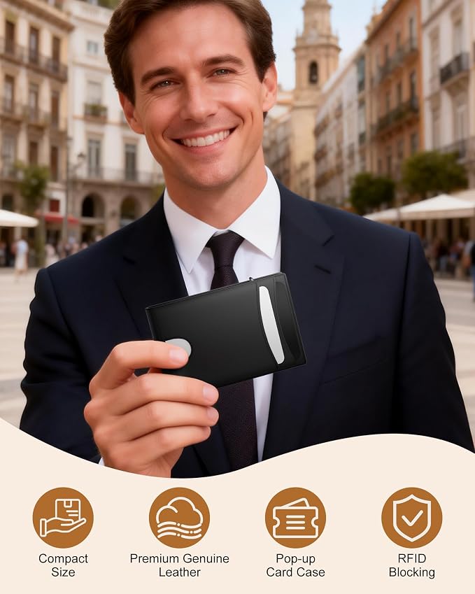 Wallet for Men: Pop Up Card Case, RFID Blocking, Slim, Minimalist, Genuine Leather, Front Pocket, Smart, Thin, Compact, Magnetic Flap Closure - 2 ID Windows, Up to 12 Cards & 15 Bills (Black) - Image 2