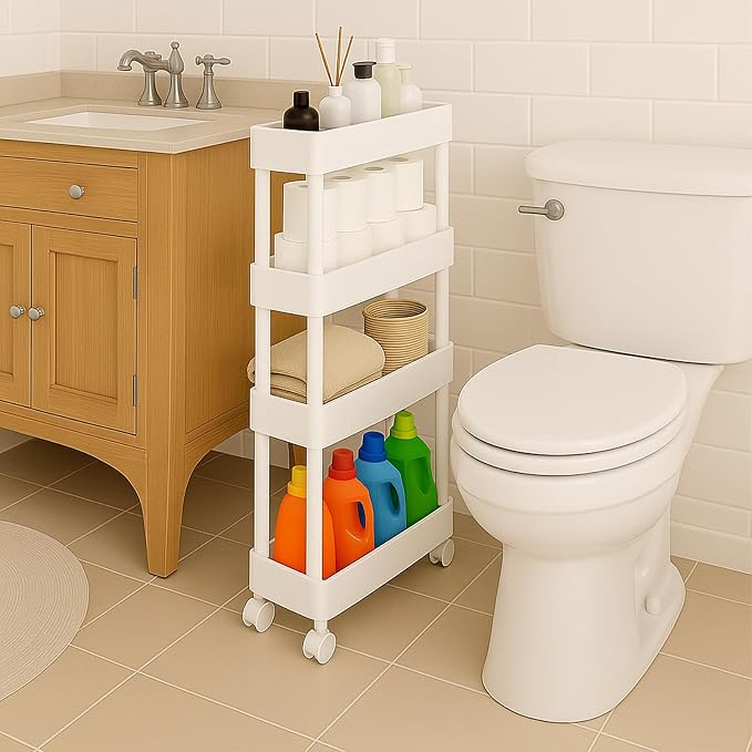 ShellKingdom 4 Tier Bathroom Storage Organizer, Slim Rolling Storage Cart for Narrow Space, Mobile Shelving Unit with Lockable Wheels and Hooks for Bathroom, Kitchen, Laundry Movable Shelf (White) by ShellKingdom