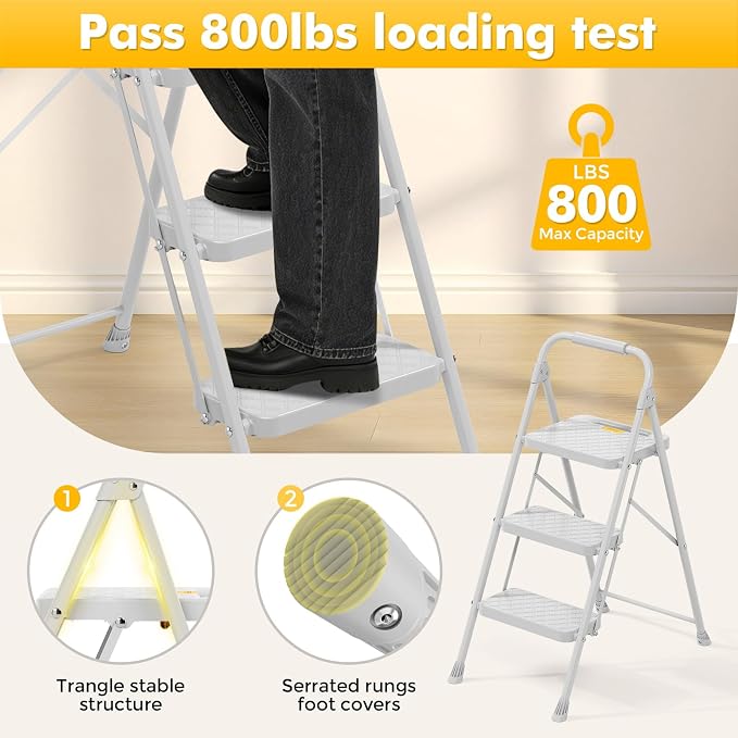 KINGRACK 3 Step Ladder, Folding Step Stool with Safety Lock & Sturdy Anti-Slip Pedals, Pass 800lbs Load Testing, Lightweight, Portable Steel Ladder with Handrails for Home, Kitchen, Garage, Office - Image 2