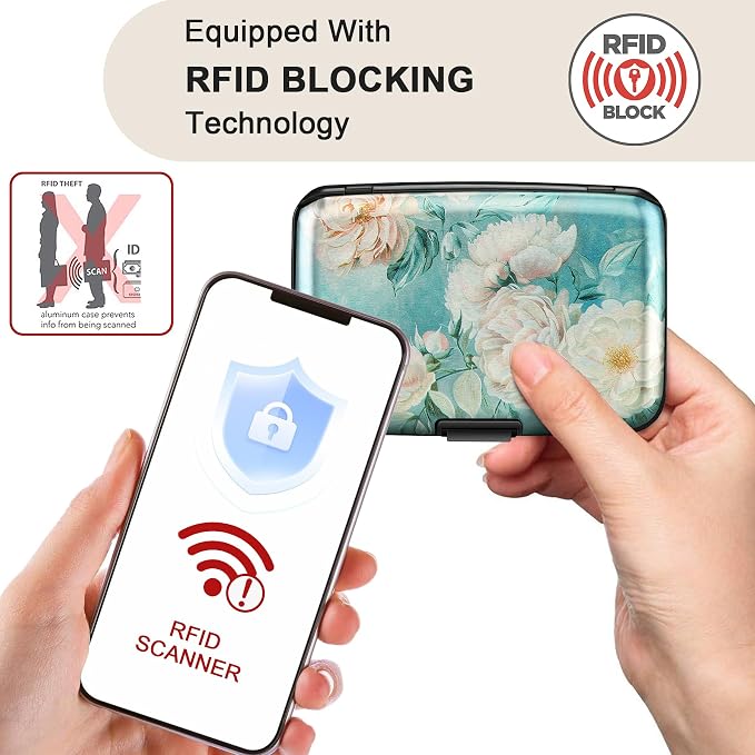 Mini RFID Aluminum Wallet Credit Cards Holder Business Card Case Metal ID Case for Men Women(White peony) - Image 2