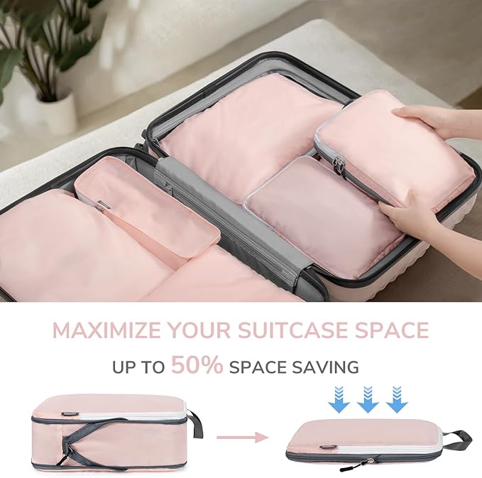 7 Set Compression Travel Packing Cubes, Travel Essentials, Pink | Travel Essentials for Suitcase, Luggage Organizer Bags for Travel with Shoe Bag,Packing Cubes for Travel Women - Image 6