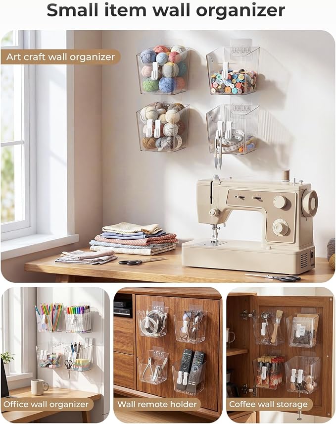 Wall Mount Organizer, 6 Hooks and 4 Pack Cabinet Door Storage Bins, Space-Saving Adhesive Bathroom Wall Organizer, Wall Storage for Office, Cabinet, Pantry, Kitchen, Makeup - Image 6