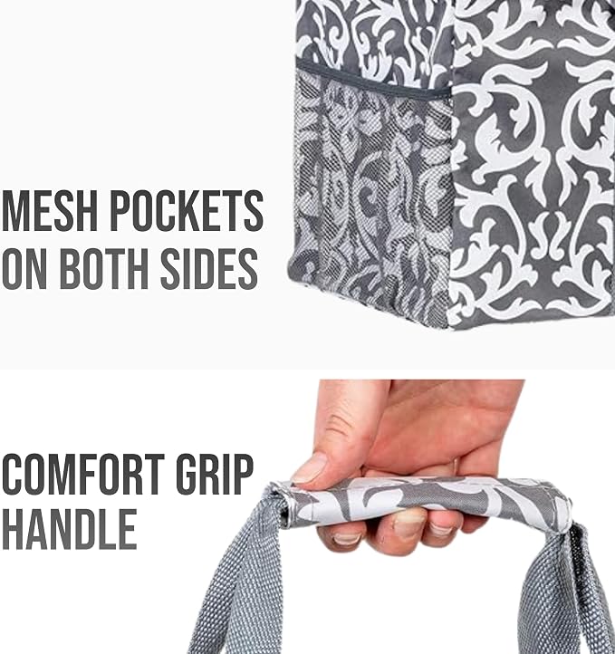 Extra Large Utility Tote Bag - Oversized Collapsible Reusable Wire Frame Rectangular Canvas Basket With Two Exterior Pockets For Beach, Pool, Laundry, Car Trunk, Storage - Damask Gray - Image 8