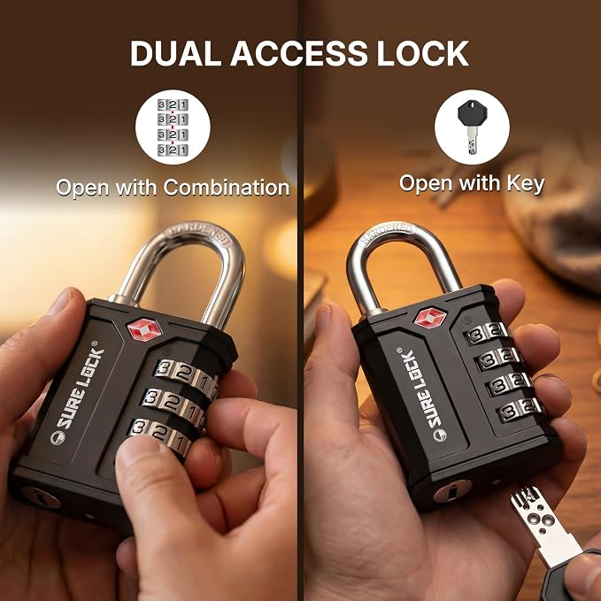 SURE LOCK TSA Approved Combination Lock with Key, Heavy Duty Security Padlock for Gun Cases, Pelican Cases, Tool Boxes, Gym Lockers, Storage Units & Outdoor Gates (Black 2 Pack) - Image 2