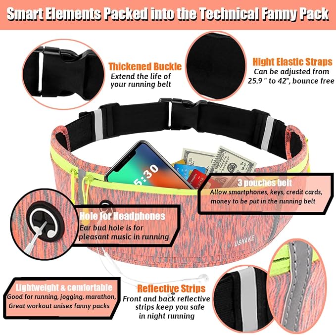 USHAKE Slim Running Belt, Workout Fanny Pack for Men Women,Exercise Waist Pack for Apple iPhone Holder, Runner Belt for Running Walking Cycling Camping Gym - Image 2