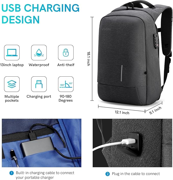 VGOAL Laptop Backpack 15.6 inch with TSA Lock and USB Charging Flight Approved Carry on Business Backpack Anti Theft Traveling Bag for Men and Women | Durable WaterProof,USB Charging Port,Combination Lock,40L Lightweight Large,Carry on Business Backpac... - Image 3