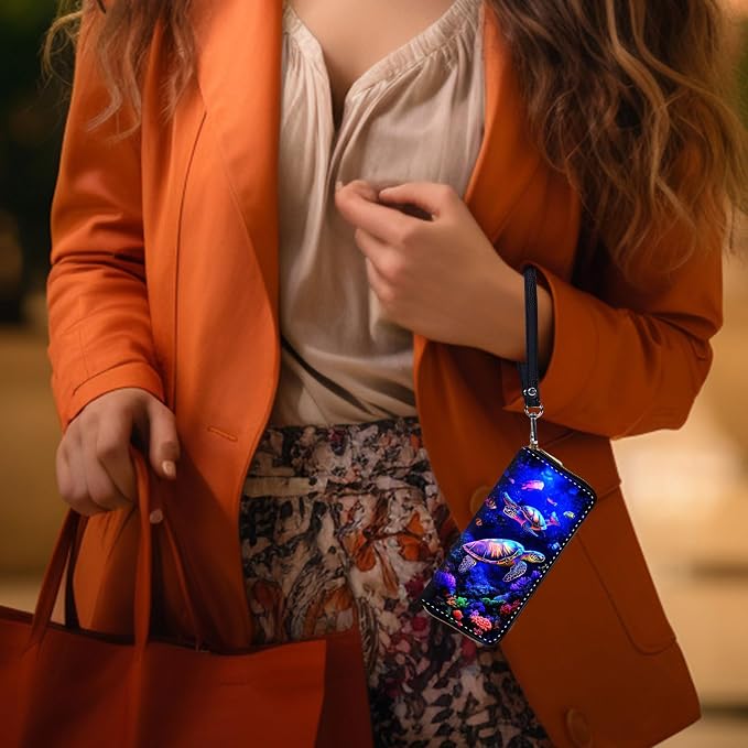 Wallet,Leather Long Wallet Suitable For Ladies And Teenagers - Detachable Wristband + RFID Travel Wallet With Card Slot - Neon Sea Turtles - Image 6