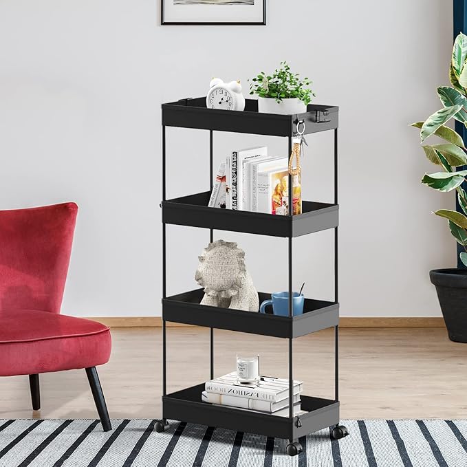 4 Tier Rolling Cart with Wheels, Storage Craft Art Trolley Organizer Serving, 3 Hanging Baskets Easy Assembly, for Office, Living Room, Kitchen - Image 5