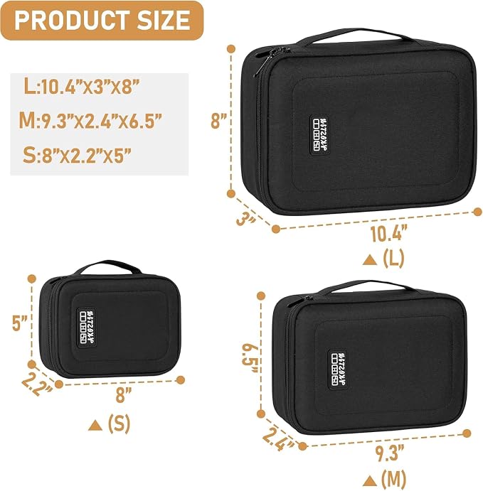 AKOZLIN Cable Organizer Bag, Padded Electronic Organizer Travel Case | Double Layer Cord Organizer Case 3pcs/set, DJ Cable File Accessories Bag with Adjustable Divider, Black - Image 2