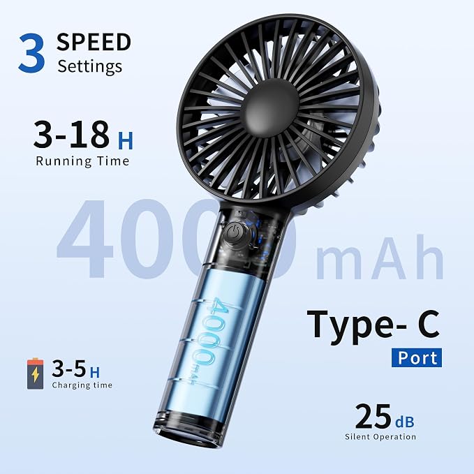 Jancane Handheld Fan, USB Rechargeable Mini Portable Fan with Base, 10H Battery, Strong Wind, Small & Powerful, Cute Design for Travel, Makeup, Girls Women Summer Gift (Greyblack) - Image 2