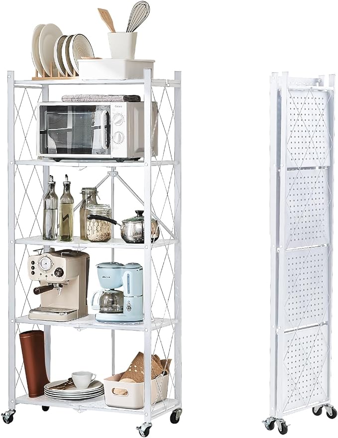 BRIAN & DANY 5-Tier Foldable Storage Shelves with Wheels, Folding Metal Rack Shelving Unit, Heavy Duty No Assembly Organizer Shelf for Garage, Kitchen, Basement, Pantry, White by BRIANDANY