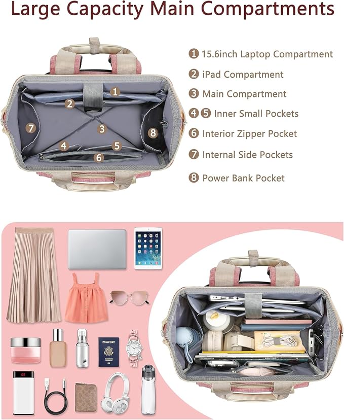 FALANKO Backpack for Women,Wide Open Work Large Student Bookbag for 15.6 Inch Laptop,Doctor Teacher Nurse College School Travel Bag,Water Resistant Laptop Bookbag Computer Back Pack Pink - Image 2