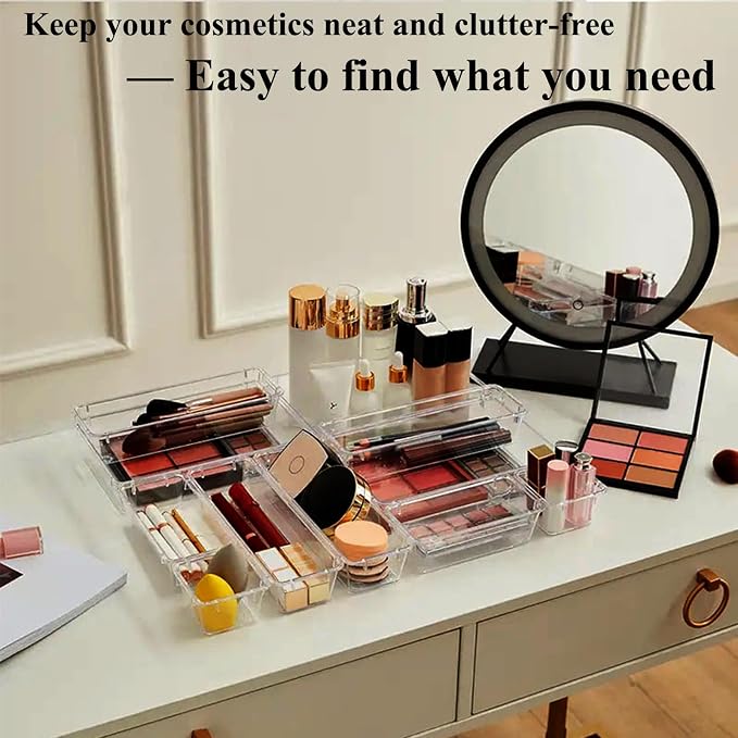 16 Pcs Extendable Clear Drawer Organizer, All Adjustable Vanity Storage Box, 2-Size Desk Drawer Organizer, Durable Storage Bins for Makeup, Cosmetic, Bedroom Dressers Tool Organizer for Gadgets - Image 6