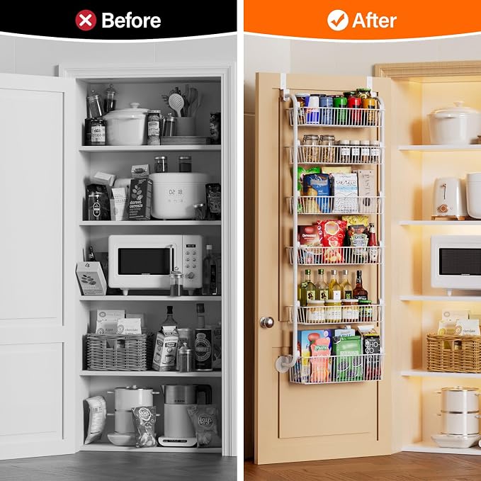 Delamu Large Over the Door Pantry Organizer, 6-Tier Metal Pantry Door Organization and Storage for Easy Install, Hanging Spice Rack Seasoning Shelves for Cabinet & Kitchen, D6.7xW17.5xH53.7 in, White - Image 5
