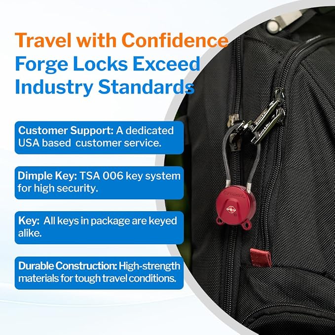 FORGE TSA Approved Luggage Locks Keyed Alike, TSA006 Dimple Key Cable Locks for Luggage, All Metal Zinc Alloy Travel Padlock for Suitcase, Backpack, and More, 2 Locks Red. - Image 6