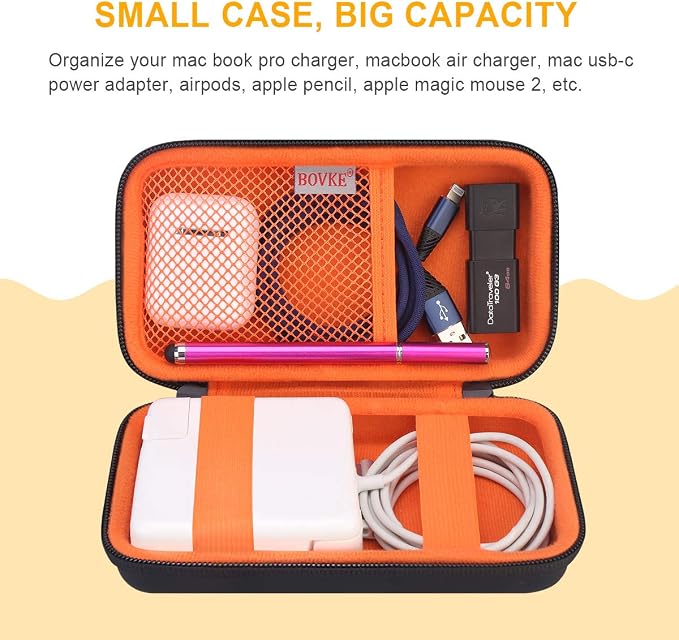 BOVKE PU Hard Travel Case for MacBook Air Pro Power Adapter Apple MagSafe 2 USB-C Charger - Extra Room for USB C Hub, Type C Hub, USB C Hub Multiport Adapter, Magic Mouse, Charging Cable, Black - Image 6