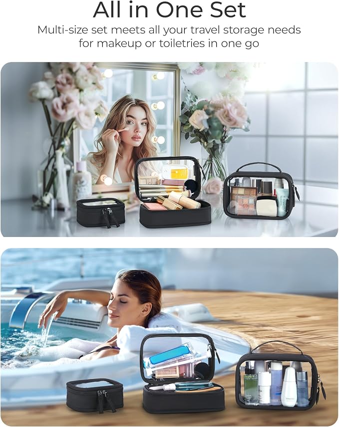 BAGSMART Double Layer Clear Makeup Bag, TSA-Approved Toiletry Bag, Large Opening with Handle, Cute Water-Resistant Travel Cosmetic Bag with Double Zipper for Car Essentials(Pink) - Image 7