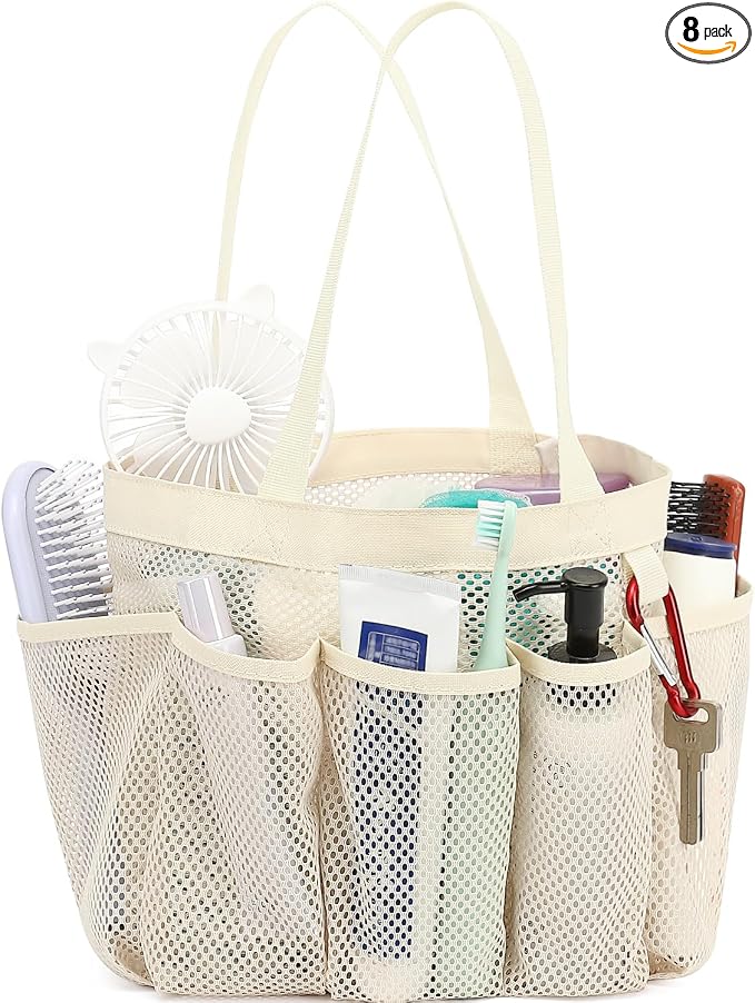 Fammart Mesh Shower Caddy Portable for College Dorm Room Essentials, Odorless Polyester Large Shower Tote Bag with Dual Handles, 8-Pocket Quick-Dry Toiletry Organizer for Travel, Beach, Camping, Gym by Fammart